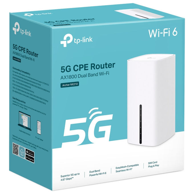 TP-Link ARCHER NX210 Router Wireless 5G Dual-band Wi-Fi 6 AX1800 Gigabit Ethernet EasyMesh colore Bianco