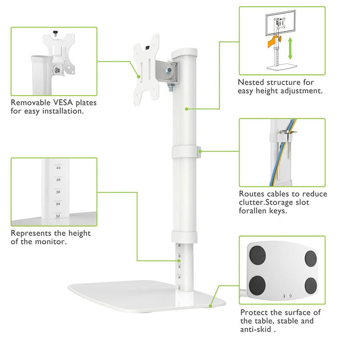 Techly ICA-LCD 260 Supporto Monitor da Scrivania 17'' 27'' VESA 75x75 100x100 Regolazione Altezza 6 Kg colore Bianco