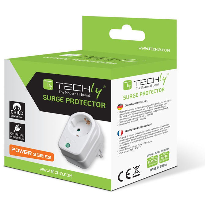 Techly IPW-ADP-SURGET Presa Schuko Protezione Sovratensione 250V 16A 3500W Protezione Bambini colore Bianco