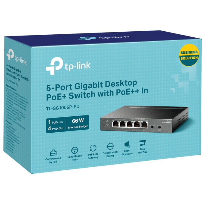 TP-Link TL-SG1005P-PD Switch Desktop 5 Porte Gigabit Ethernet PoE+ PoE++ 66W Fanless colore Nero