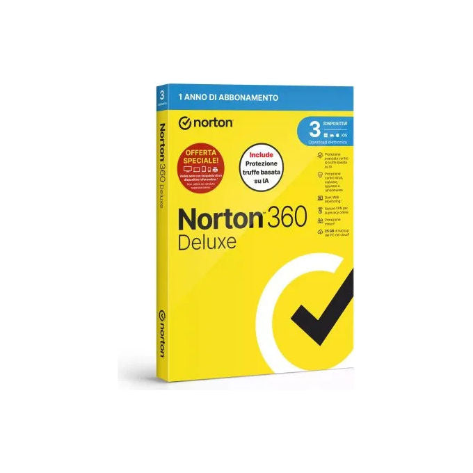 Norton 360 Deluxe 2026 Antivirus ESD 3 Dispositivi 12 Mesi 25GB Backup Cloud VPN Monitoraggio Dark Web