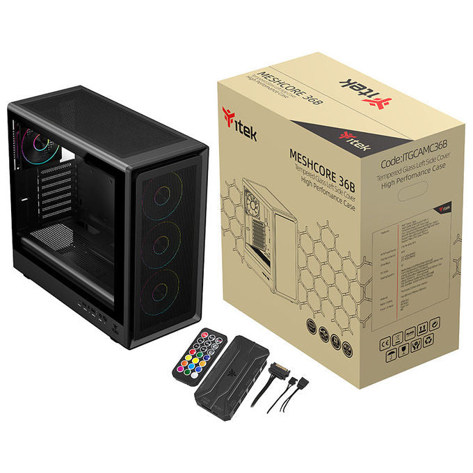 Itek ITGCAMC36B MESHCORE 36B Case PC Tower ATX 4 Ventole ARGB Vetro Temperato USB 3.0 Type-C colore Nero