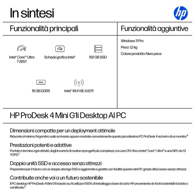HP CK2G1ET ProDesk 4 G1i Mini PC Intel Core Ultra 7 265T 16 GB DDR5 512 GB SSD NVMe Wi-Fi 6E Windows 11 Pro colore Nero