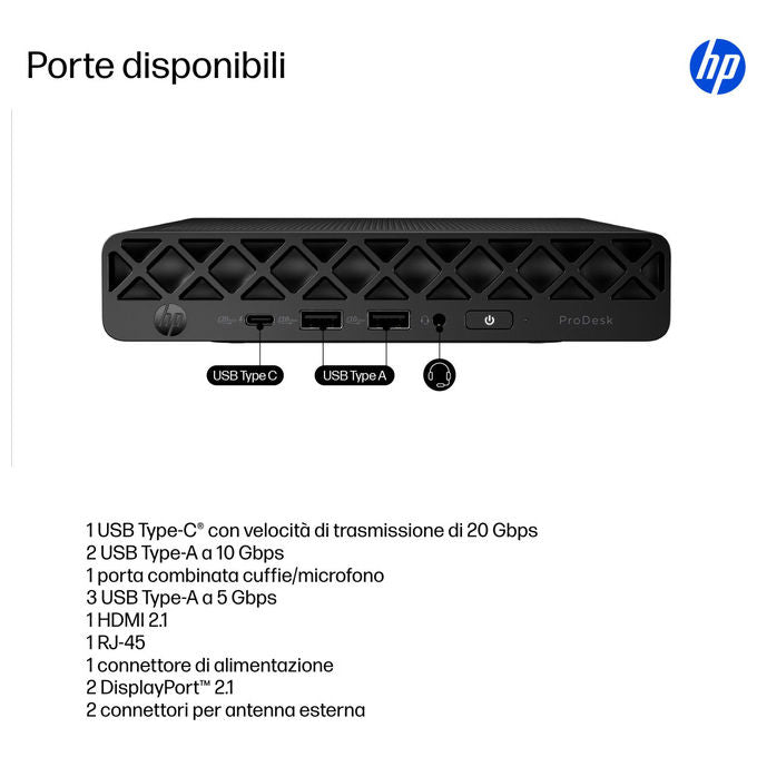HP CK2G1ET ProDesk 4 G1i Mini PC Intel Core Ultra 7 265T 16 GB DDR5 512 GB SSD NVMe Wi-Fi 6E Windows 11 Pro colore Nero