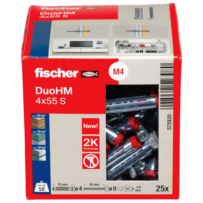 Fischer DUOHM 4X55 S PH PZ Tassello a Muro per Cartongesso Acciaio Nylon 4 mm 55 mm 25 Pezzi colore Grigio