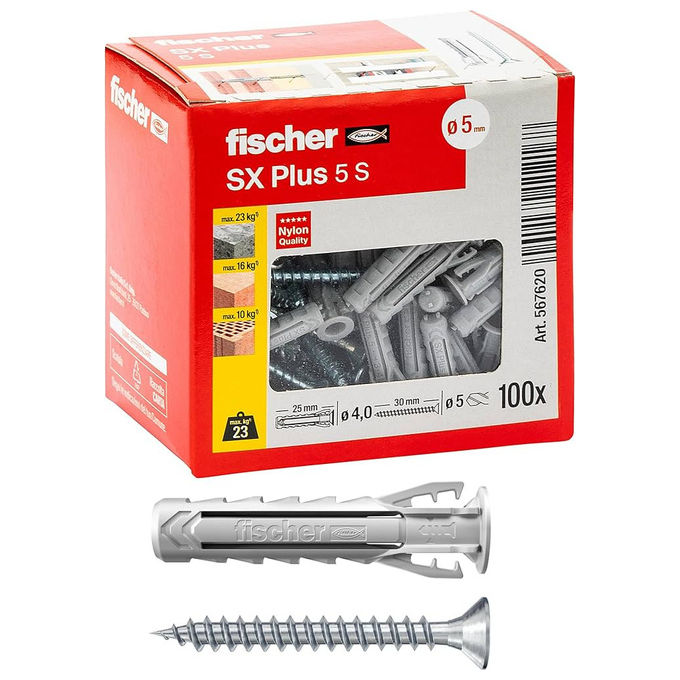 Fischer 567620 SX Plus Tassello Nylon con Vite 5x25 mm 100 pezzi Muro Pieno Forato Calcestruzzo colore Grigio