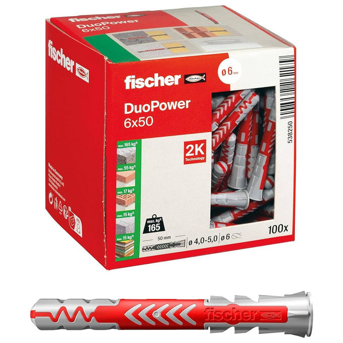 Fischer 538250 DuoPower Tasselli Universali 6x50 mm 100 pezzi per Calcestruzzo Mattone Forati e Cartongesso colore Grigio