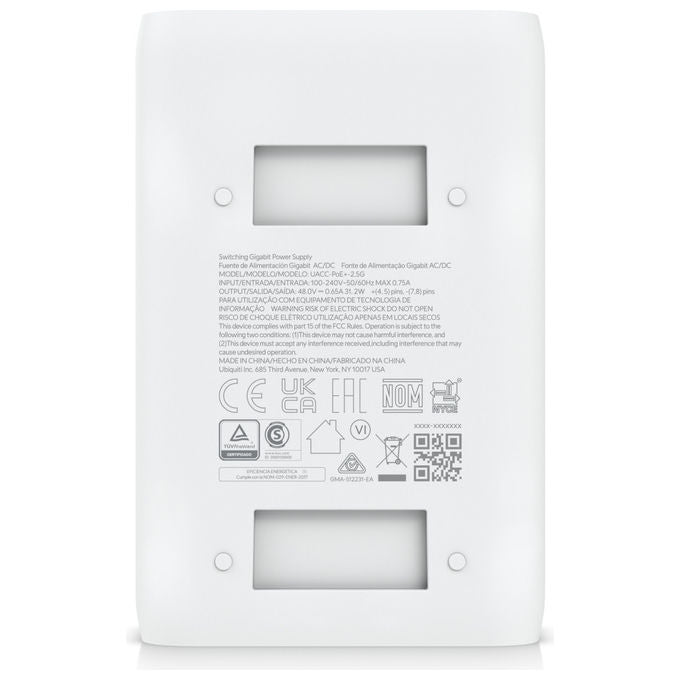 Ubiquiti UACC-POE+-2.5G Iniettore PoE+ 2.5 Gigabit Ethernet 48V 30W Protezione Sovratensione colore Bianco