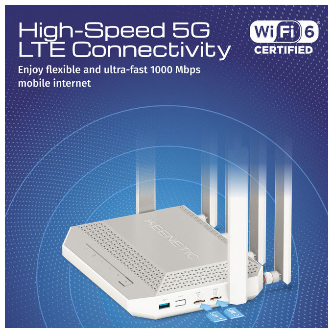 Keenetic KN-4110 Hero 5G Modem Router Wi-Fi 6 Mesh AX3000 Dual SIM 5G porta 2,5G smart switch 4 porte colore Grigio Bianco