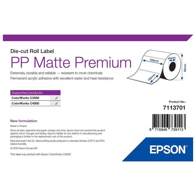 Epson 7113701 PP Matte Label Premium Etichetta Fustellata Rotolo Ink-jet 105x152 mm 185 pz Adesivo Permanente colore Bianco