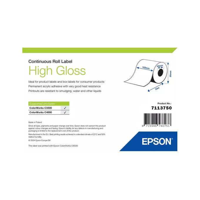 Epson 7113750 High Gloss Label Etichetta Autoadesiva Rotolo Continuo 102mm x 33m Inkjet Permanente colore Bianco