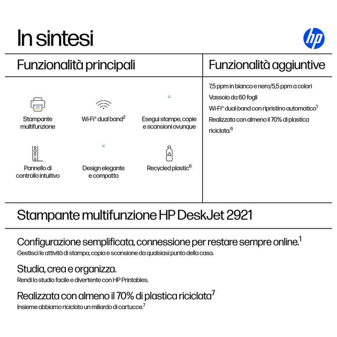HP A24HWB DeskJet 2921 Stampante Multifunzione Inkjet All-in-One Stampa Copia Scansione Wi-Fi 4800x1200 DPI colore Grigio