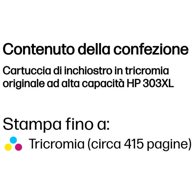 HP T6N03AE 303XL Cartuccia Inchiostro Tricromia Originale Alta Capacita' 415 Pagine colore Ciano Magenta Giallo