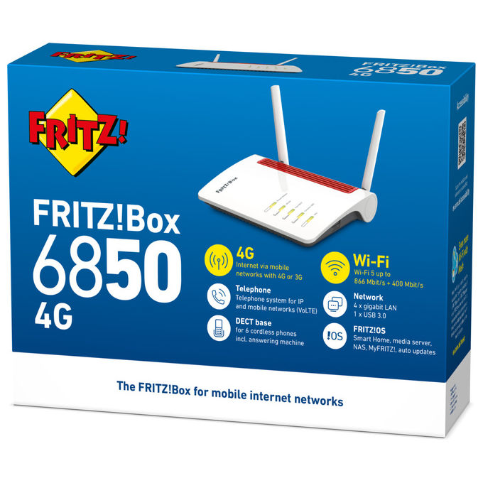 FRITZ! 20003085 FRITZ!Box 6850 4G Router Wireless Dual Band AC1266 4G LTE Slot SIM 4 LAN Gigabit USB 3.0 VoIP Base DECT colore Bianco