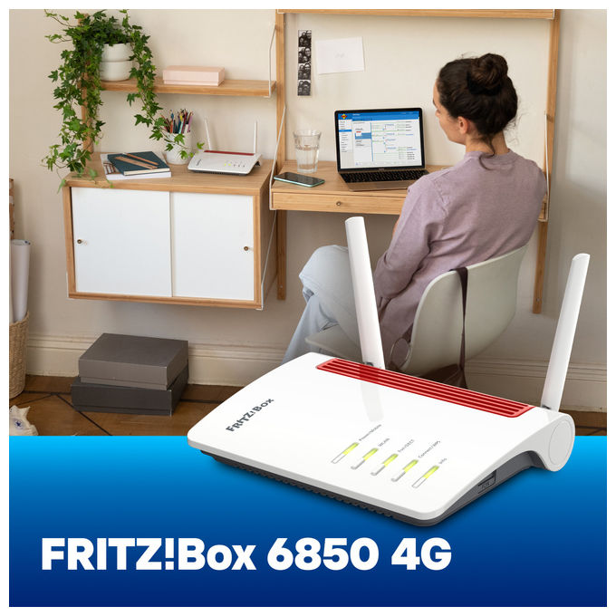 FRITZ! 20003085 FRITZ!Box 6850 4G Router Wireless Dual Band AC1266 4G LTE Slot SIM 4 LAN Gigabit USB 3.0 VoIP Base DECT colore Bianco