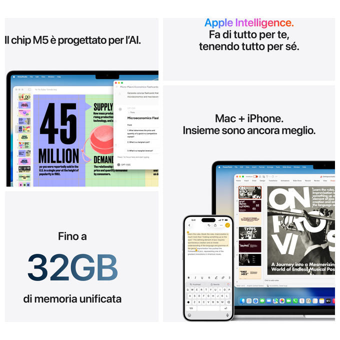 Apple MDVH4T-A MacBook Air 15'' Notebook Chip M5 10-core CPU 10-core GPU 16GB RAM SSD 512GB Wi-Fi 7 macOS colore Mezzanotte