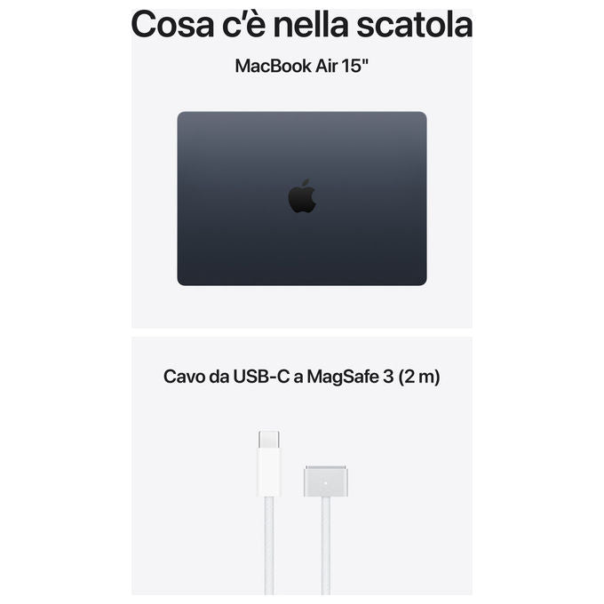 Apple MDVH4T-A MacBook Air 15'' Notebook Chip M5 10-core CPU 10-core GPU 16GB RAM SSD 512GB Wi-Fi 7 macOS colore Mezzanotte