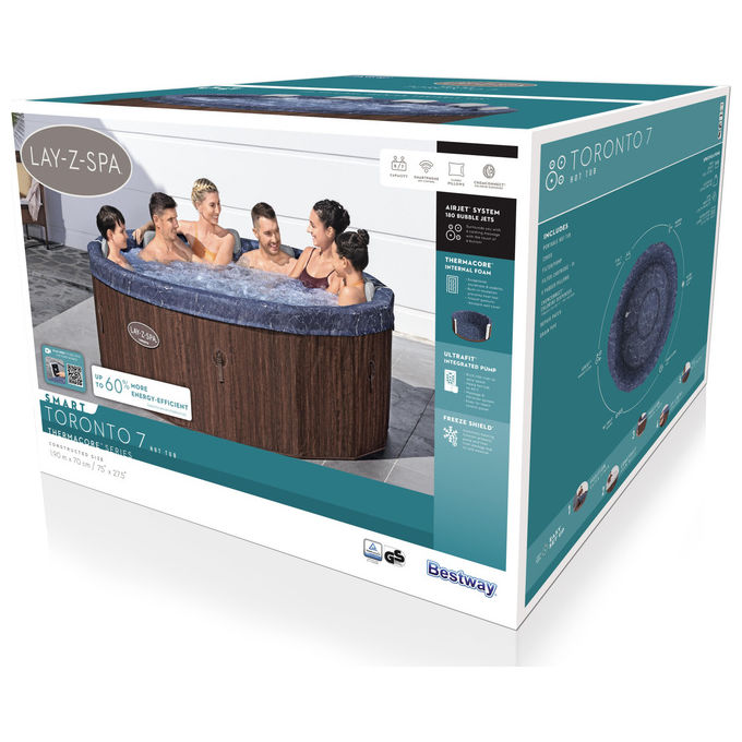 Bestway 6001W Lay-Z-Spa Toronto Idromassaggio AirJet 180 getti 1250 L 7 posti App SmartSpa 190x70 cm colore Marrone