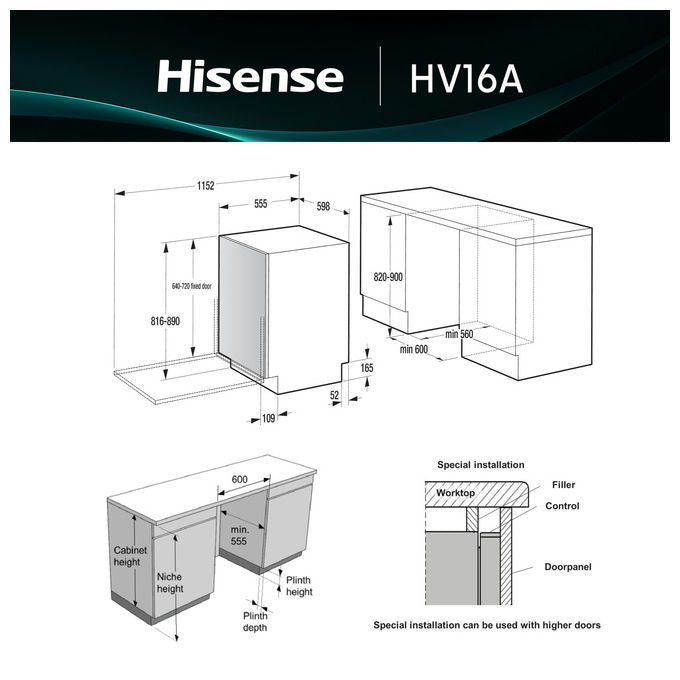 Hisense HV16A Lavastoviglie Incasso 16 coperti Classe A 43 dB Motore Inverter AutoDry Terzo Cesto (82x60x55 cm) colore Grigio