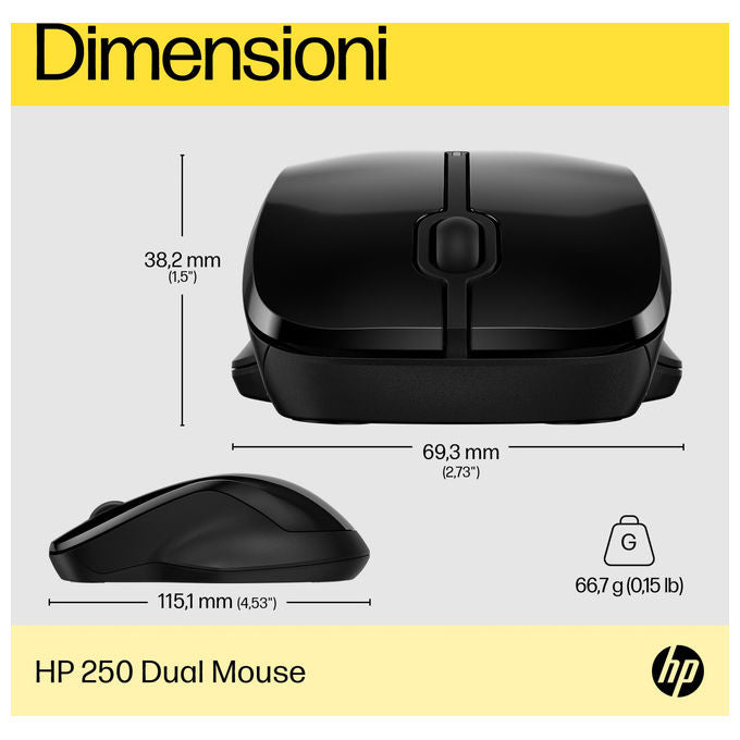 HP 6V2J7AA 250 Mouse Wireless Dual Mode Bluetooth 5.0 USB-A 1600 DPI Ambidestro colore Nero