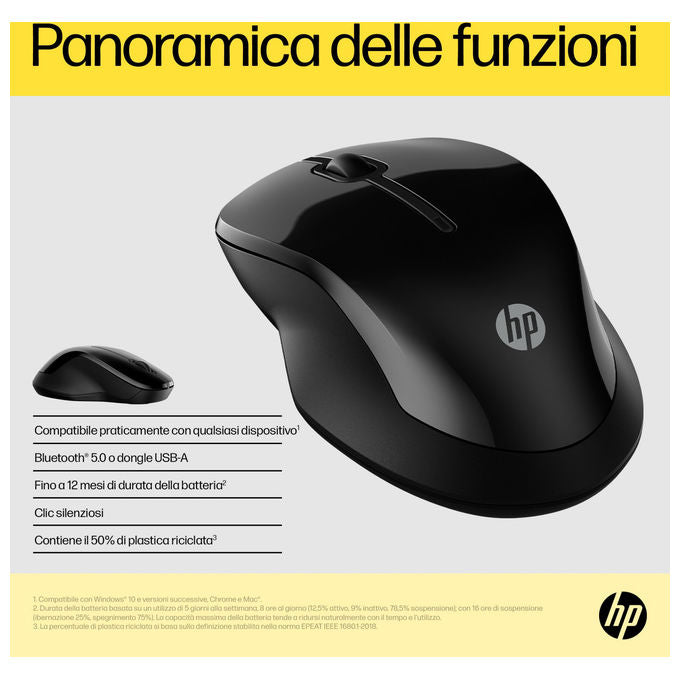 HP 6V2J7AA 250 Mouse Wireless Dual Mode Bluetooth 5.0 USB-A 1600 DPI Ambidestro colore Nero