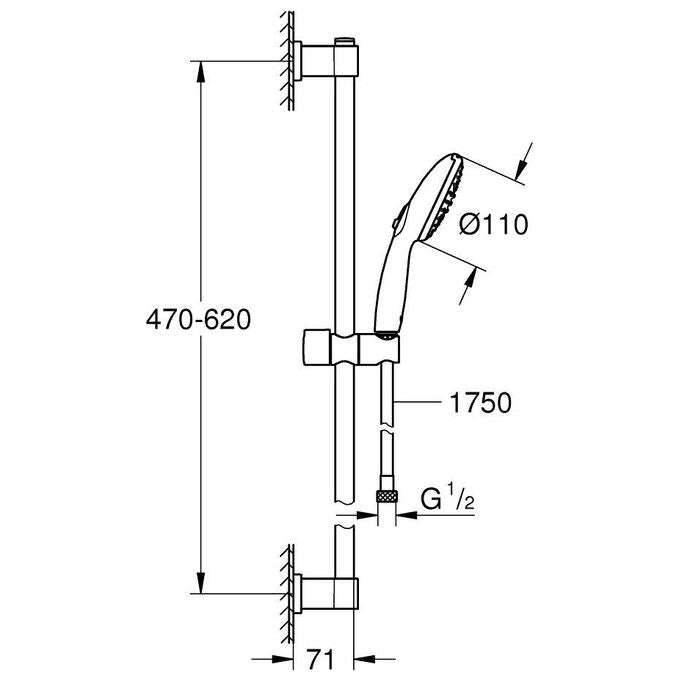 Grohe 279482431 Vitalio Start 110 Set Doccia a Parete Asta Saliscendi 60 cm 2 Getti Rain Jet Flessibile 1750 mm colore Nero