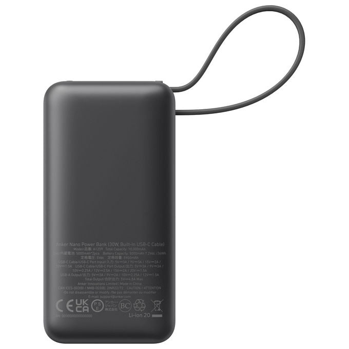 Anker A1259G11 545 Nano Power Bank 10000 mAh 30W ricarica rapida cavo USB-C integrato colore Nero