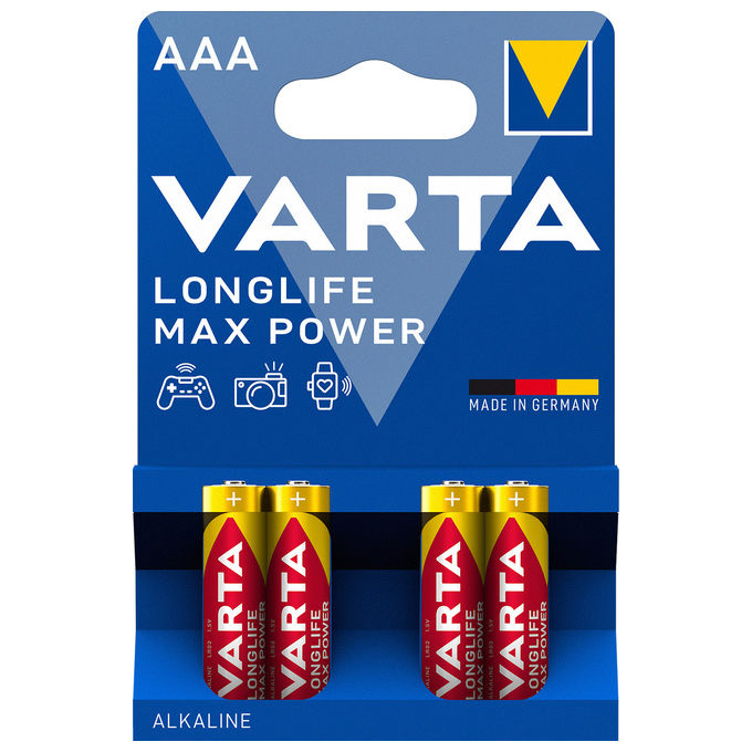 Varta 04703101404 Longlife Max Power Batteria Alcalina AAA LR03 1.5V 1270 mAh Blister 4 pz colore Oro Rosso
