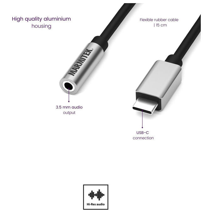 Marmitek 25008374 Adattatore USB-C Audio Jack 3.5mm 15 cm DAC 32 bit colore Nero Argento
