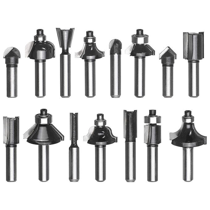 KWB 49757291 Set 15 Frese per Legno in Metallo Duro Gambo 8 mm Diametri 6-32 mm Scanalature Smussi Profili in Cassetta di Legno