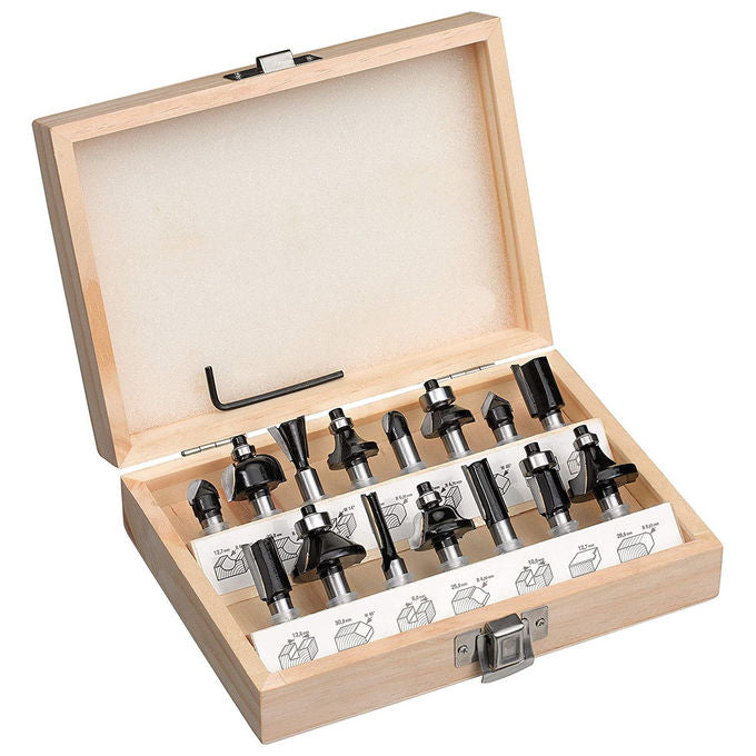 KWB 49757291 Set 15 Frese per Legno in Metallo Duro Gambo 8 mm Diametri 6-32 mm Scanalature Smussi Profili in Cassetta di Legno