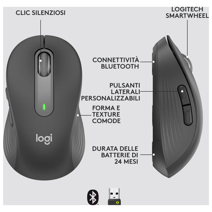 Logitech 910-006236 Signature M650 L Mouse Wireless Bluetooth Ottico 2000 DPI 5 tasti clic silenzioso colore Grafite