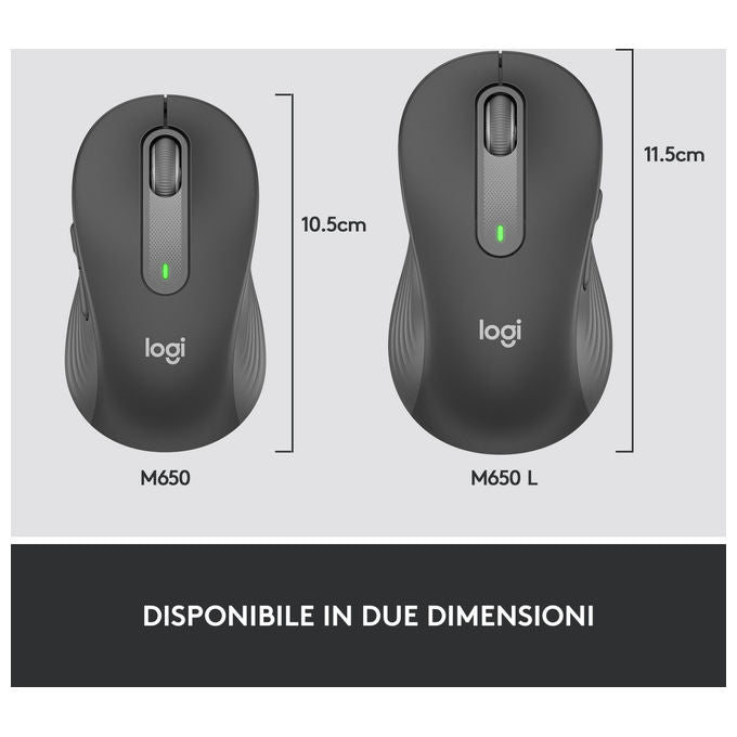 Logitech 910-006236 Signature M650 L Mouse Wireless Bluetooth Ottico 2000 DPI 5 tasti clic silenzioso colore Grafite
