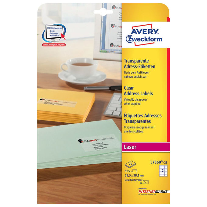 Avery L7560-25 Etichette Autoadesive Trasparenti per Indirizzi 63,5x38,1 mm 21 per Foglio 525 pz Laser A4 colore Trasparente