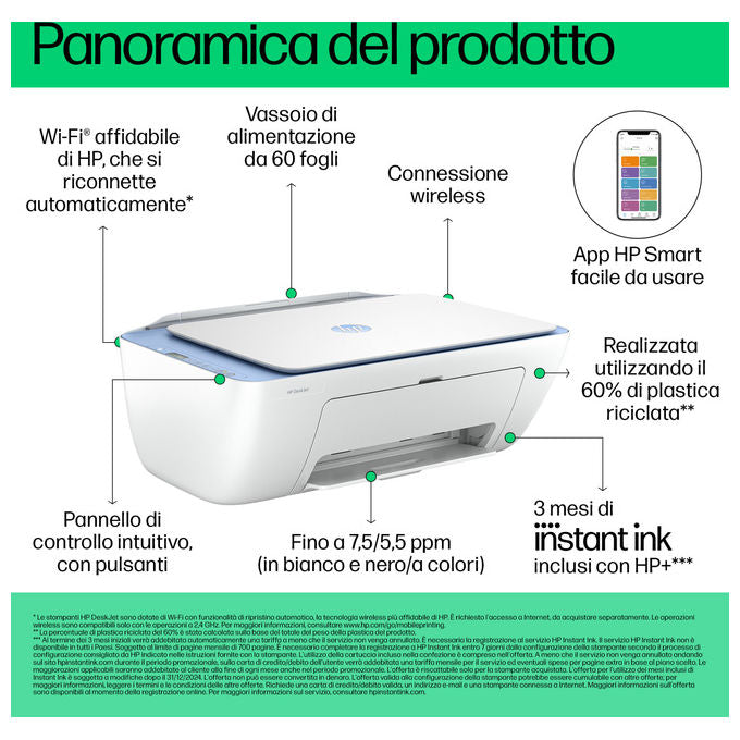 HP 588R4B DeskJet 2822e Stampante Multifunzione Inkjet A4 Stampa Copia Scansione Wi-Fi AirPrint HP Instant Ink colore Blu