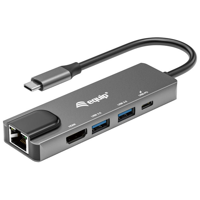 Equip 133489 Adattatore Multifunzione USB-C 5 in 1 HDMI 4K LAN Gigabit 2x USB 3.2 Gen1 USB PD 100W colore Grigio