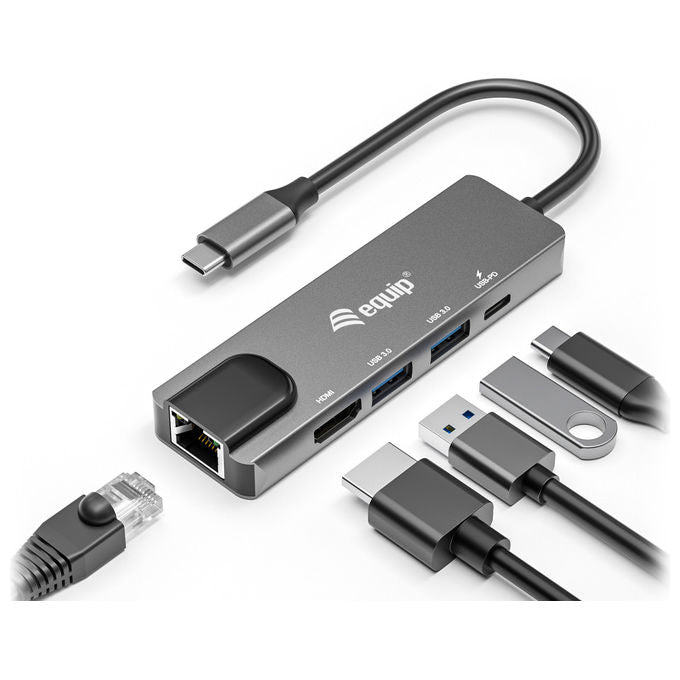 Equip 133489 Adattatore Multifunzione USB-C 5 in 1 HDMI 4K LAN Gigabit 2x USB 3.2 Gen1 USB PD 100W colore Grigio