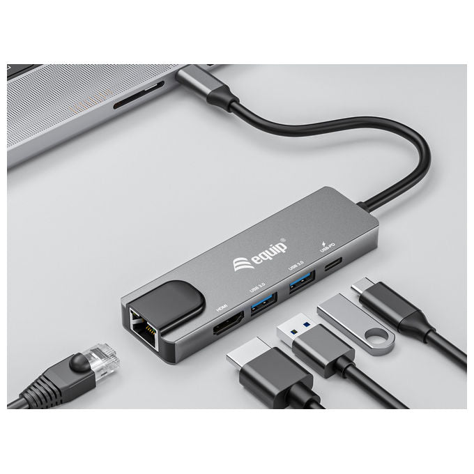 Equip 133489 Adattatore Multifunzione USB-C 5 in 1 HDMI 4K LAN Gigabit 2x USB 3.2 Gen1 USB PD 100W colore Grigio