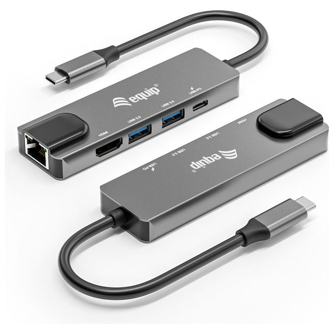 Equip 133489 Adattatore Multifunzione USB-C 5 in 1 HDMI 4K LAN Gigabit 2x USB 3.2 Gen1 USB PD 100W colore Grigio