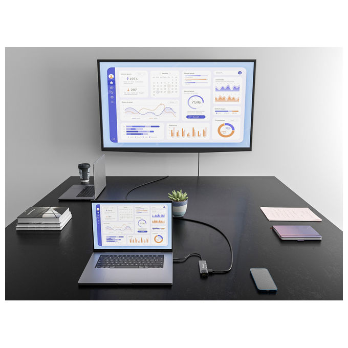 Equip 133489 Adattatore Multifunzione USB-C 5 in 1 HDMI 4K LAN Gigabit 2x USB 3.2 Gen1 USB PD 100W colore Grigio