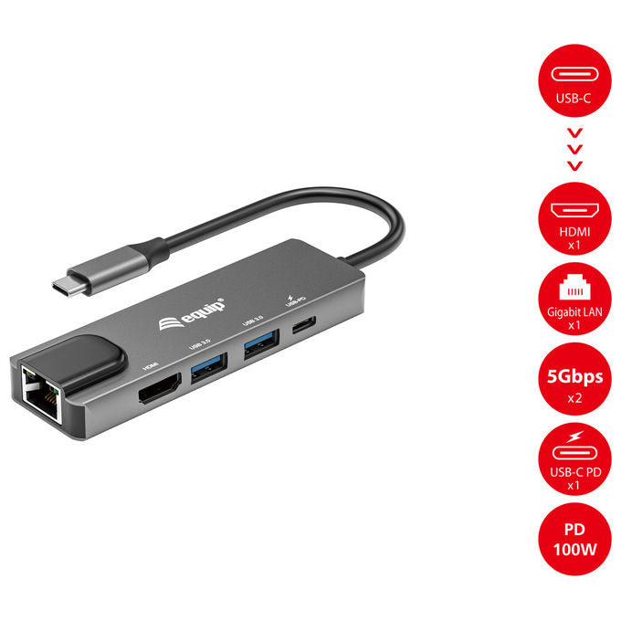 Equip 133489 Adattatore Multifunzione USB-C 5 in 1 HDMI 4K LAN Gigabit 2x USB 3.2 Gen1 USB PD 100W colore Grigio