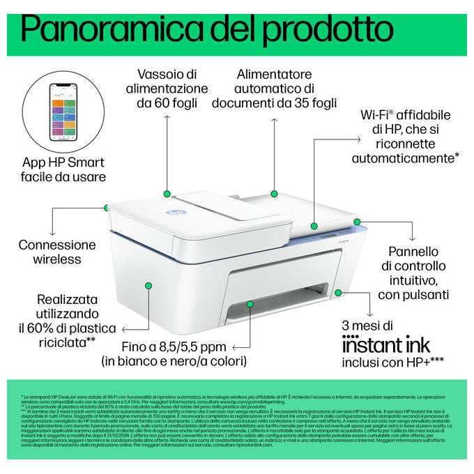 HP 60K29B DeskJet 4222e Stampante Multifunzione Inkjet A4 Stampa Copia Scansione WiFi ADF 35 fogli HP Instant Ink colore Blu