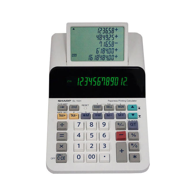 Sharp EL1501 Calcolatrice da Tavolo Scrivente Display LCD 12 cifre 5 righe 4 registri memoria calcolo tasse colore Bianco