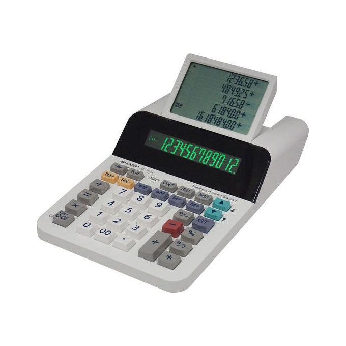 Sharp EL1501 Calcolatrice da Tavolo Scrivente Display LCD 12 cifre 5 righe 4 registri memoria calcolo tasse colore Bianco
