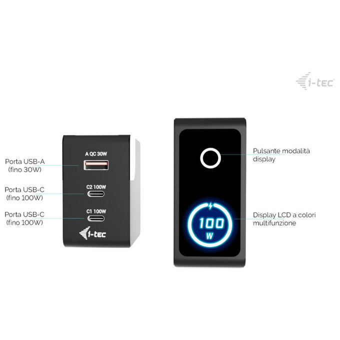 I-tec CHARGER-INTG100W Caricabatterie Multiporta 100W 2x USB-C 1x USB-A Display LCD Touch Ricarica Rapida colore Nero