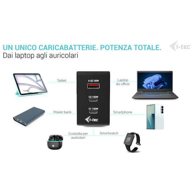I-tec CHARGER-INTG100W Caricabatterie Multiporta 100W 2x USB-C 1x USB-A Display LCD Touch Ricarica Rapida colore Nero