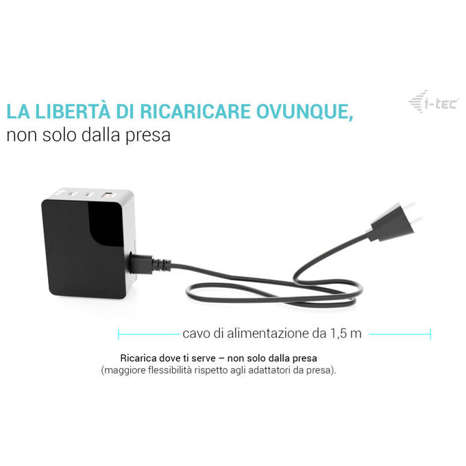 I-tec CHARGER-INTG100W Caricabatterie Multiporta 100W 2x USB-C 1x USB-A Display LCD Touch Ricarica Rapida colore Nero