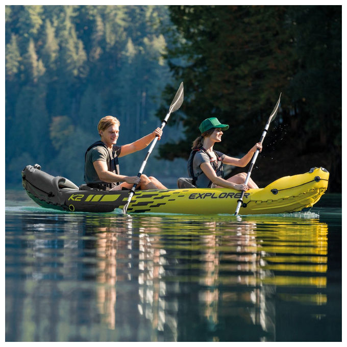 Intex 68307NP Explorer K2 Kayak gonfiabile 2 posti 312x91x51 cm 180 Kg 3 camere d'aria sedili gonfiabili pagaie e pompa incluse colore Giallo