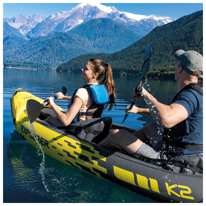 Intex 68307NP Explorer K2 Kayak gonfiabile 2 posti 312x91x51 cm 180 Kg 3 camere d'aria sedili gonfiabili pagaie e pompa incluse colore Giallo