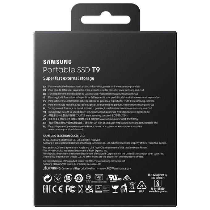 Samsung MU-PG1T0B-EU T9 SSD Portatile 1 TB USB 3.2 Gen 2x2 NVMe 2000 MB-s crittografia AES 256 bit colore Nero